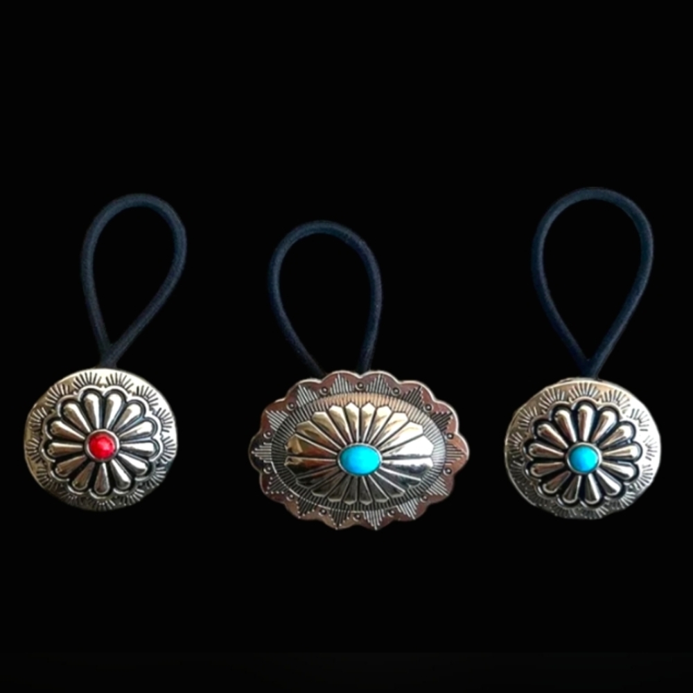 Southwestern Ponytail Holders Hair Ties Set Silver Turquoise Red Coral Stone